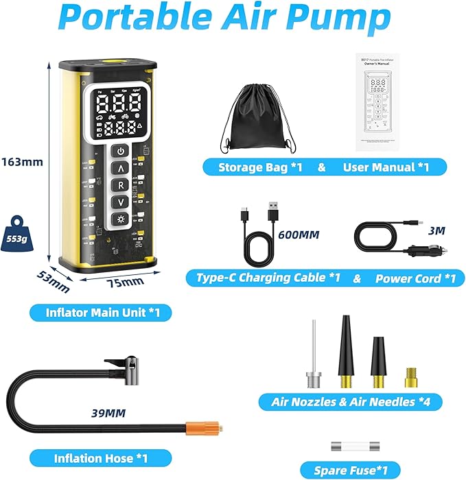 Tire Inflator, 150 PSI, 9000mAh Battery Air Compressor, Car Tire Pump, Air Pump for Car Tires, Bike Inflator, Car Accessories for Cars, Motorcycles & Bicycles