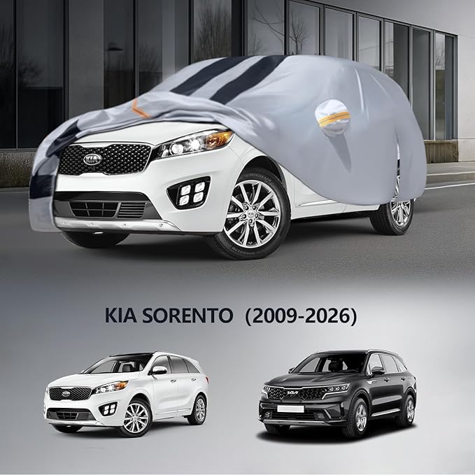 Multi-Layer Car Cover Custom Fit for Kia Sorento(2009-2026), 100% Waterproof All Weather for Automobiles, Gift with Towel, Heavy Duty Car Covers for Rain Sun UV Protection with Door Zipper