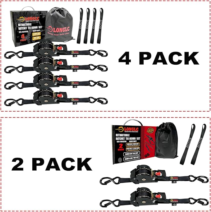 4-Pack Retractable Ratchet Straps Black Heavy Duty - 1 Inch X 15Feet with Soft Loops, 2,000lbs Breaking Strength - Best for Trucks, Cargo Trailer, Motorcycle, Tie Down Straps Ratchet