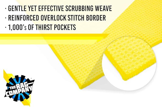 The Rag Company - Standard Waffle Weave Microfiber Towels (3-Pack) Detailing, Window, Glass and Drying, Wax & Polish, Lint-Free, Streak-Free, 370gsm, 16in x 16in, Yellow