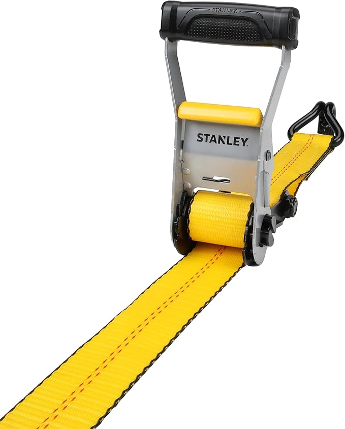 STANLEY S10000J Black/Yellow 2" x 27' Ratchet Strap with Double J-Hooks - 3,333 LBS Safe Working Load / 10,000 LBS Break Strength