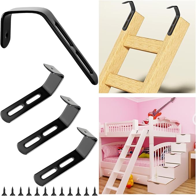 4 Set Angled Bunk Bed Ladder Hooks PVC Adjustable Coated Stainless Steel Iron Bunk Bed Ladder Hooks Brackets Heavy Duty RV Utility Hook Hanger J Hooks Metal with Mounting Screws