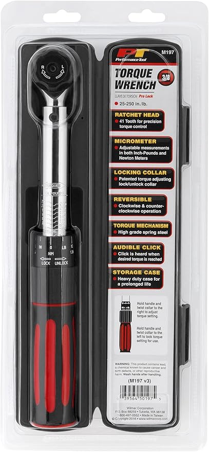 Performance Tool M197 3/8-Inch Drive Torque Wrench 250 inch/lb. - Dual Scale, Audible Click, Precision Ratchet