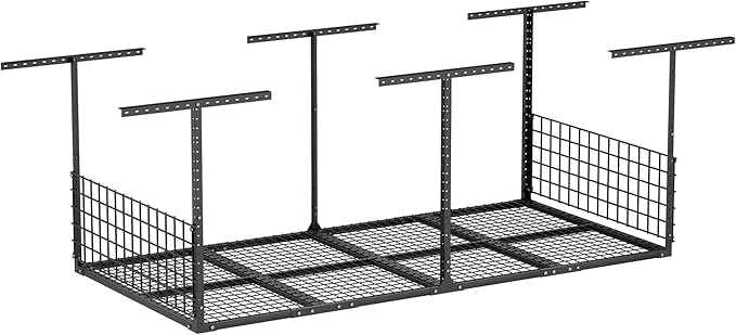 Soywey 4x8FT Overhead Garage Storage Rack,Garage Shelving Storage Organizer System with Side Guardrails,Heavy-Duty Metal Ceiling Racks,Load 700LBS Weight