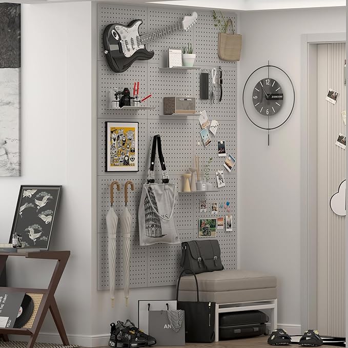 IRONFFICE Pegboard,Metal PegBoard Panels,Steel Wall Pegboard with 8 Pieces Hooks,Metal Peg Board Wall Organizer for Office,Crafts Organization, Ornaments Display,Grey