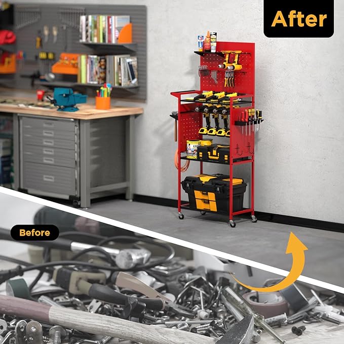 LimeHill Garage Power Tools Organizer Cart with Pegboard, Large Floor Standing Rolling Drill and Tools Battery Storage Cart on Wheels, Utility Rack Gift for Men, Husband, Father