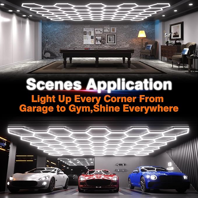 Hexagon Garage Lights: 1295W 185 Pack 50 Grids LED Garage Lights - Easy Install 6500K Super Bright Honeycomb Light for Warehouse, Car Detailing Shop, Exhibition Hall, Gym