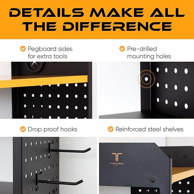 Power Tool Organizer Wall Mount, 4 Layer Heavy Duty Metal Tool Storage Rack with 4 Drill Holders, Pegboard Side Panels & Hooks, Garage Tool Organizer Wall Mount for Cordless Tools, Workshop, Shed