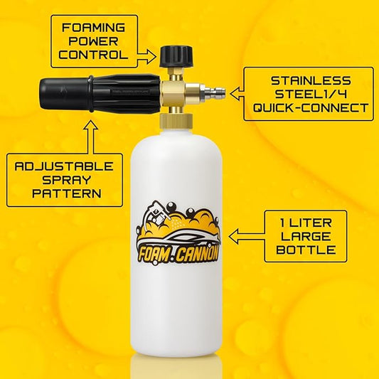 Foam Cannon Kit, 1L Bottle Snow Foam Cannon with 5 Pressure Washer Nozzle Tips, 1/4 Inch Quick Connector, Compatible with Gas Pressure Washers&Electric Pressure Washers