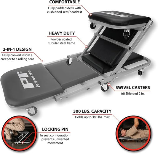 Performance Tool W85018 40-Inch Folding Creeper Rolling Seat, All-in-One Adjustable Roller Garage Chair, Lay Down or Sit, 330LBS Capacity Under Car Roller Creeper with 6 Swivel Casters