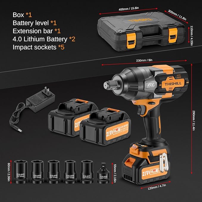 This Hill 3/4 inch Cordless Impact Wrench 1/2",1328Ft-lbs(1800Nm),21V Brushless lmpact Driver Set,2x 4.0Ah Battery,High Torque Power Impact Gun for Agricultural Machinery Truck