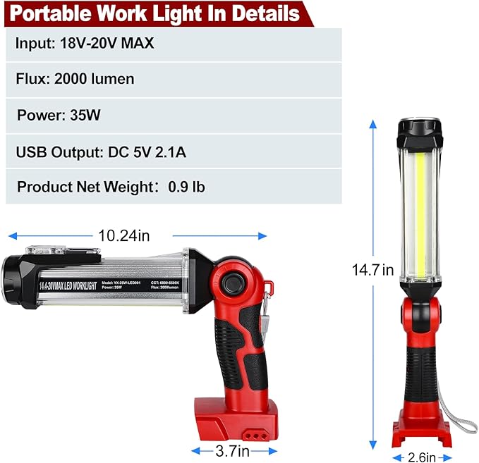 Flashlight Work Light for Milwaukee M18 18V Battery, 35W Floodlight 2000LM Work Lights Spotlight Downlights, Portable Flashlight for Home & Garage Repair, Camping (NO Battery Included)