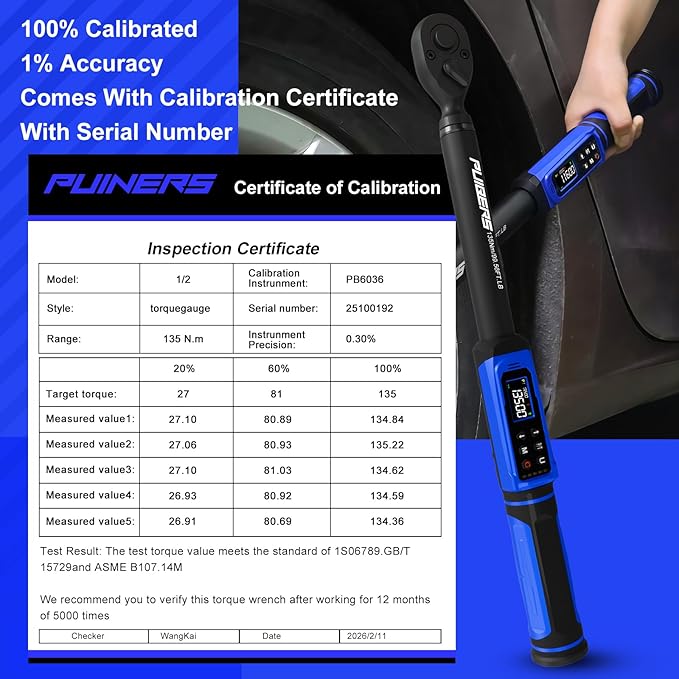 1/2" Digital Torque Wrench 1.5-99.56 Ft-lb (2-135 Nm) with 3/8" Adapter, Electronic Inch Pound Torque Wrench 3/8", 5 Units ±1% Accuracy with Buzzer & LED Alerts for Car Bike Moto