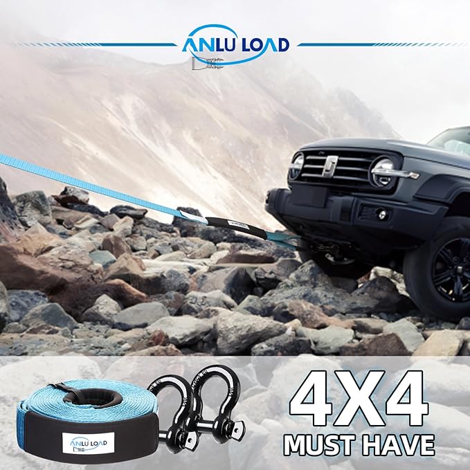 LLCC Heavy Duty Recovery Tow Strap Kit: 3in x 30ft, 35000lb Break Strength with 3/4in Forged D Ring Shackles (2pcs, 68000lb), Storage Bag - Offroad Accessories for Overlanding, 4x4, Towing