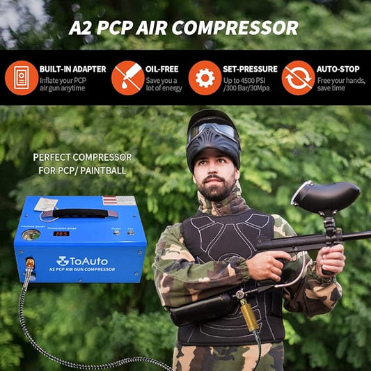 TOAUTO A2 PCP Air Compressor, Auto-Stop, Portable 4500Psi/30Mpa, Oil/Water-Free, 8MM Quick-Connector HPA Compressor for Paintball/PCP Air Rifle/Scuba Tank, Powered by Home 110V AC or 12V Car DC(Blue)