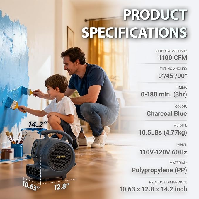 1/4 HP 1100 CFM Industrial Air Mover Blower Fan, High Velocity Floor & Carpet Dryer, 3-Speed Heavy Duty Utility Fan with 3-HR Timer for Water Damage Restoration, ETL Listed - Charcoal Blue