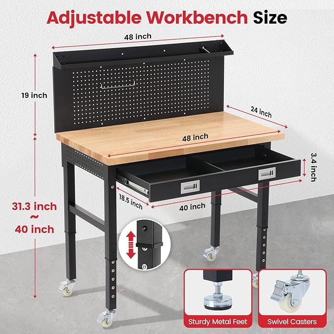 ENJOYWOOD 48" x 24" Rolling Workbench Adjustable Height Work Table with Wheels, Drawers, Pegboard and Power Outlets Heavy Duty Rubberwood Top for Garage, Workshop & Home