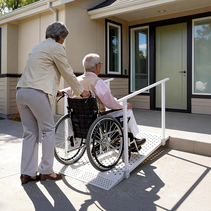 Wheelchair Ramp with Handrails for 5-12" Rise, Heavy Duty Handicap Ramp with Adjustable Flap, Portable Ramp for Home Steps, Stairs, Doorways, Curbs, Waterproof & Rust-Proof, 440 lbs Capacity