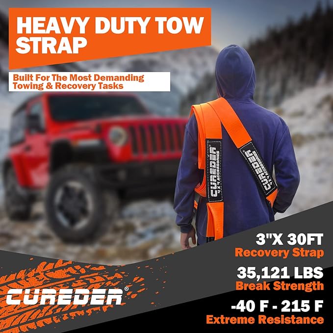 Tow Strap - 3'' x 30ft Recovery Strap,Lab Tested 35,121 lb Break Strength Snatch Strap, Suitable for Emergency Off-Road Vehicles and Trucks, Get Your Vehicle Out of Any Situation