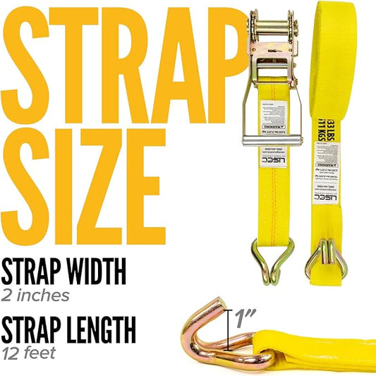 US Cargo Control Wire Hook Ratchet Straps 2 Inch x 12 Foot (4-Pack), 10,000 LBS Break Strength, Yellow 2 Inch Ratchet Straps Heavy Duty with J Hooks, Heavy Duty Tie Downs for Trailers and Trucks
