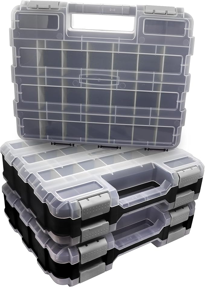 Double Side Tool Box Organizer, Hardware Storage Box, Portable Small Parts Organizer with Removable Plastic Dividers for Screws, Nuts, Nails, Bolts, Gray