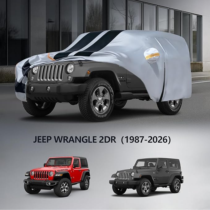 Multi-Layer Car Cover Custom Fit for Jeep Wrangler 2 Door CJ YJ JK JL(1987-2026), 100% Waterproof All Weather for Automobiles, Gift with Towel, Heavy Duty Car Covers for Rain Sun UV Protection.
