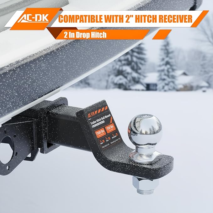 AC-DK Trailer Hitch Ball Mount for 2 inch Receiver,2 inch Drop Hitch,with 2-Inch Ball,7,500 lbs Capacity Ball Hitch, 750lbs Tongue Weight,Includes Hitch Pin