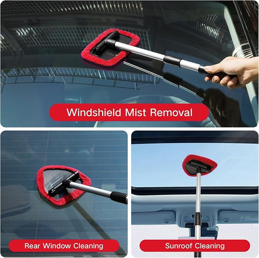 11pcs Windshield Cleaner Tool, Car Window Cleaning Wash Kit with 6 Reusable Microfiber Pads 2 Spray Bottles and Extendable Handles Auto Glass Wiper Kit, Red