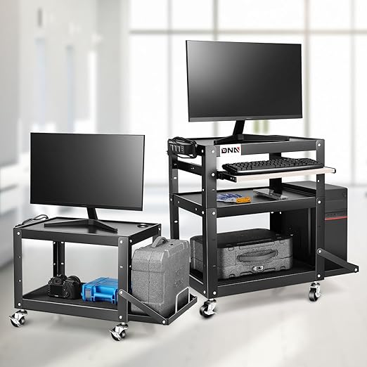 DNA Motoring Steel AV Cart 3-Layer Rolling Projector Utility Cart, 24" X 18" X 20" - 30.5" Height Adjustable, with Wheels, Pullout Keyboard Tray, Power Strip, Cord Management, TOOLS-00495
