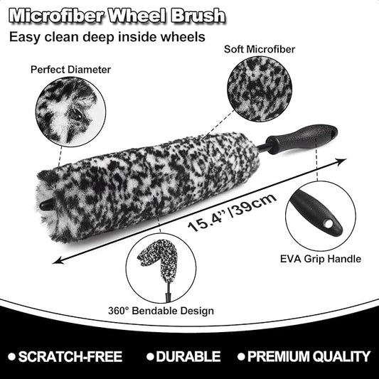9Pcs Car Wheel & Tire Brush Kit, Wheel Cleaner Brush, Soft-bristled Rim Brush, Car Drying Towel (36"x 24"), Tire Shine Applicator Pad, Car Wash Mitt, Car Detailing Cleaning Wash Brush Supplies Kit