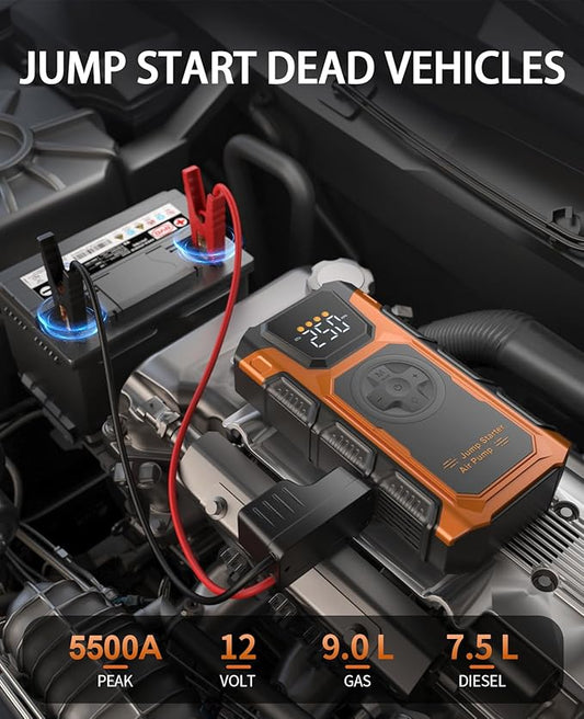 Jump Starter with Air Compressor, 5500A Car Battery Charger Power Jump Box Start 12V Vehicles(Up to 9.0L Gas&7.5L Diesel Engines) Portable Car Booster Jumper Pack Combo150 PSI Tire Inflator