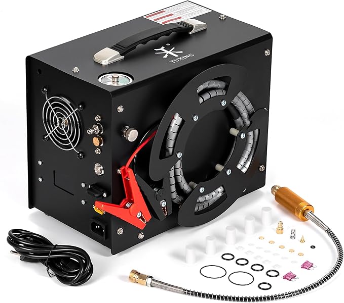 TUXING PCP Air Compressor,4500Psi 30Mpa High Pressure Air Pump, Built-in DC12V/AC120V Power Converter,Auto-Stop,Oil&Water-Free,Paintball and Scuba Tank Compressor Pump(TXES062)