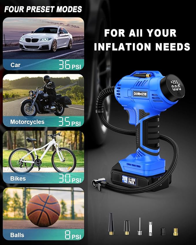 DORMZIE Cordless Tire Inflator Portable Air Compressor, 150 PSI Handheld Air Pump for Car Tires with 20V Rechargeable Battery, 12V Car Power Adapter, Digital Display, Ball, Motorcycle, Bike Pump