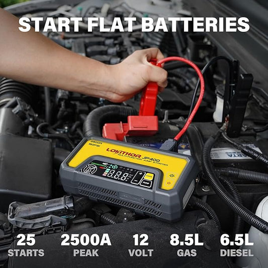 LOKITHOR JP400 Jump Starter with Air Compressor, 2500A 12V Portable Car Battery Booster Pack (8.5L Gas/6.5L Diesel) with ConnectMax Tech, 150PSI Tire Inflator, Auto-Shutoff & Dynamic Dwell (Yellow)