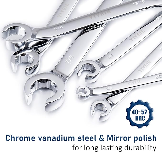 6 Pc. Flare Nut Wrench Set, SAE 1/4" to 15/16", CR-V Steel, Brake Fuel Line Wrench Set with Roll-up Pouch