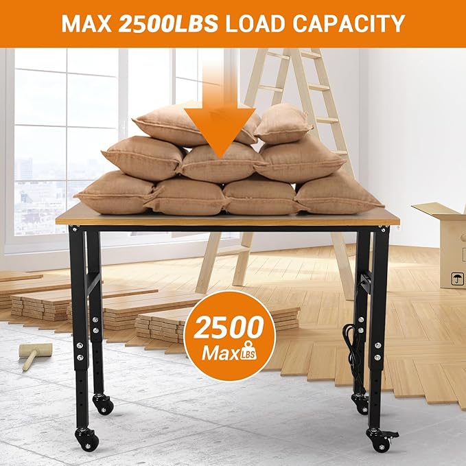 48" Adjustable Workbench with Power Outlet & Wheels, Heavy-Duty 48 x 24 in Work Bench, 2500 lbs Load Capacity for Garage, Workshop & Home