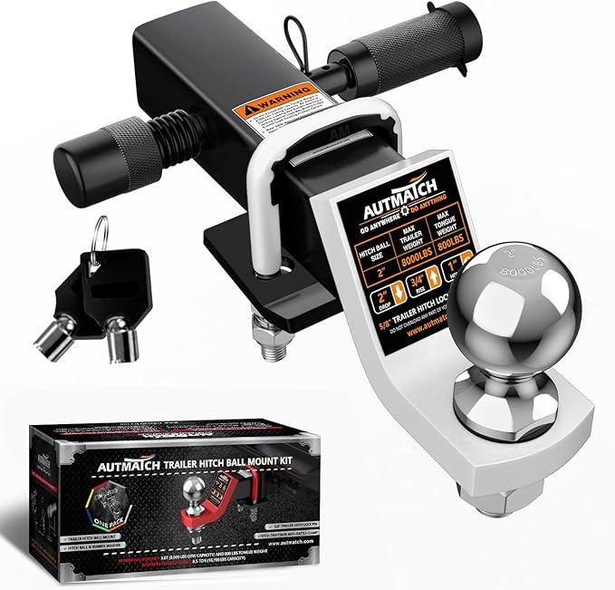AUTMATCH Trailer Hitch Ball Mount with 2 Inch Hitch Ball - Fits 2" Receiver with Hitch Tightener, 8000Lbs Capacity Ball Hitch, 2-Inch Drop with 5/8" Hitch Lock Pin, White & Black