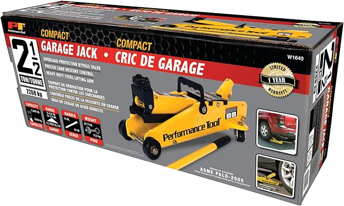 Performance Tool W1640 2-1/2 Ton Garage Jack, (5,000 lbs.) 5-15.5-Inch Lift, Swivel Casters, For Cars/Trucks