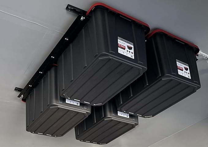TORACK Garage Ceiling Bin Storage Rack, Overhead Tote Storage Rail System Heavy Duty Adjustable Tote Slide Rails Garage Bins Storage System(Black, Bins are not included)