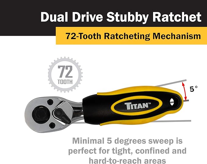 Titan 12051 3/8-Inch and 1/2-Inch Dual Drive x 5-1/2-Inch 72-Tooth Dual Head Stubby Ratchet