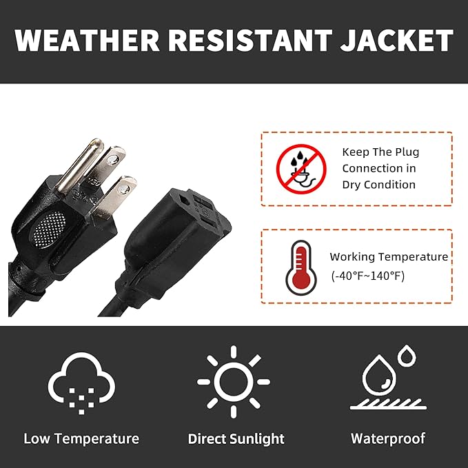 25FT Outdoor Extension Cord-16/3 SJTW Durable Black Extension Cable with 3 Prong Grounded Plug for Safety,Great for Outside Christmas Decorations