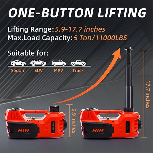 STANDTALL Electric Car Jack Quick Lifting Safe and Portable with Tire Inflator and LED Light Complete Set of Accessories 12V Hydraulic Floor Jack
