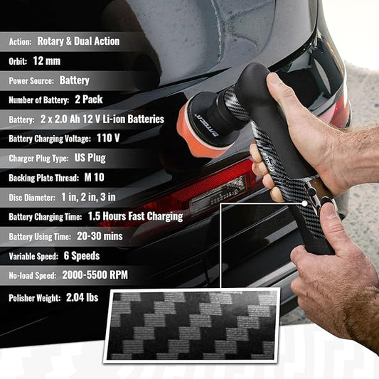 BATOCA S5 Cordless Mini Car Polisher Buffer Sander Dual Action Rotary Polishing Machine for Car Motorcycle Detailing Polish Buffing 1inch 2inch 3inch Polishing Pad Kit with 2x 12V Battery 2000-5500RPM