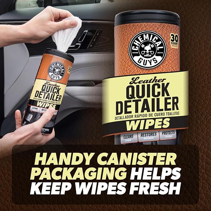 Chemical Guys Leather Cleaning Quick Detailer Wipes (Works on Natural, Synthetic, Pleather, Faux Leather and More) On The Go Car Care Accessory (30 Ct)
