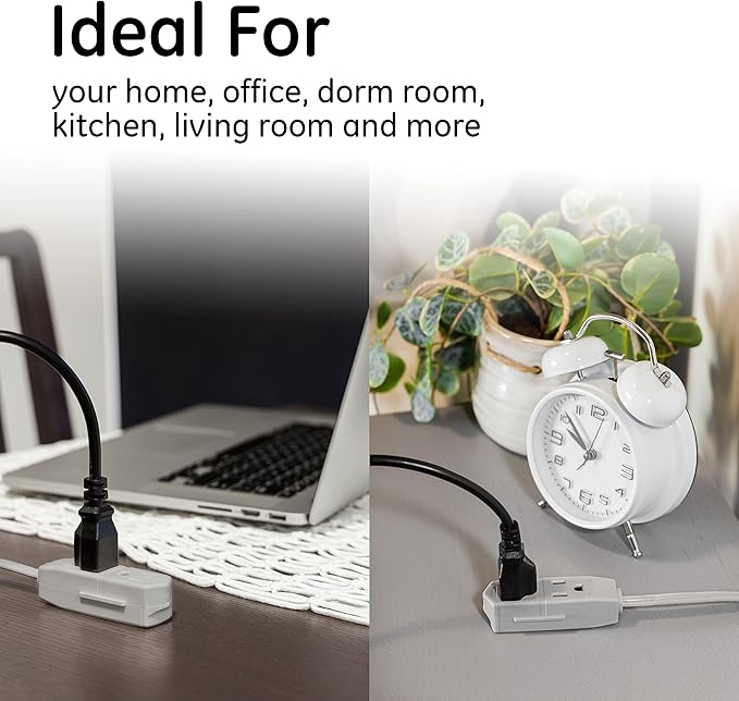 GE 3-Outlet Flat Extension Cord 8 Ft Grounded Extension Cord with Multiple Outlets 3 Prong Outlet Extender Flat Plug Indoor Power Strip 16 Gauge UL Listed Gray 43027