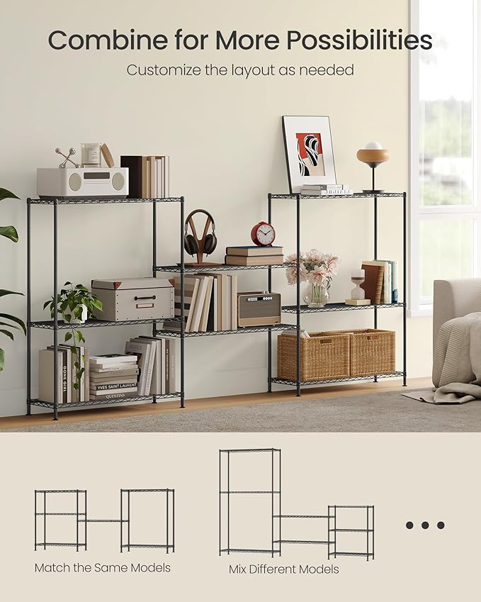SONGMICS Storage Shelf, Metal Wire Shelving Unit, Adjustable Shelves, for Garage, Bedroom, Living Room, Kitchen, Pantry, 4 Tier, 11.8 x 35.4 x 47.6 Inches, Ink Black ULGR194BH01S