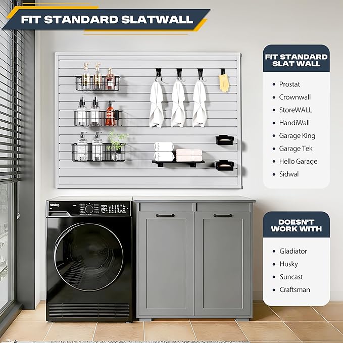 35Pcs Slatwall Accessories Kit, with Slatwall Hooks, Baskets, Shelves, Bins, Heavy Duty Slat Wall Accessory for Garage Organization, Workshop & Utility Room