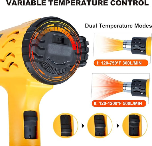 1800W Heat Gun Kit - Variable Temperature Control Hot Air Gun For Electronics With 2 Air Flow 120℉-1200℉ (50℃- 650℃), 5 Nozzles Heat Shrink Gun for Crafting, Shrink Tubing, Resin (5.25FT)