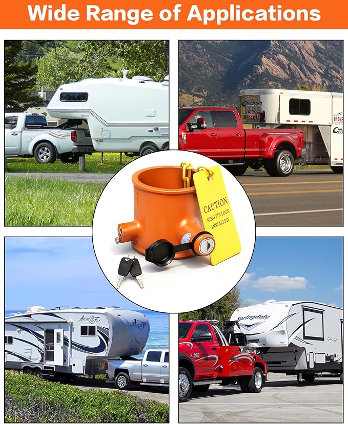 IZTOSS 5th Wheel Lock Heavy Duty Solid Steel King Pin Lock with Anti-Theft Warning Tag Waterproof for RVs Container Trailers and Campers