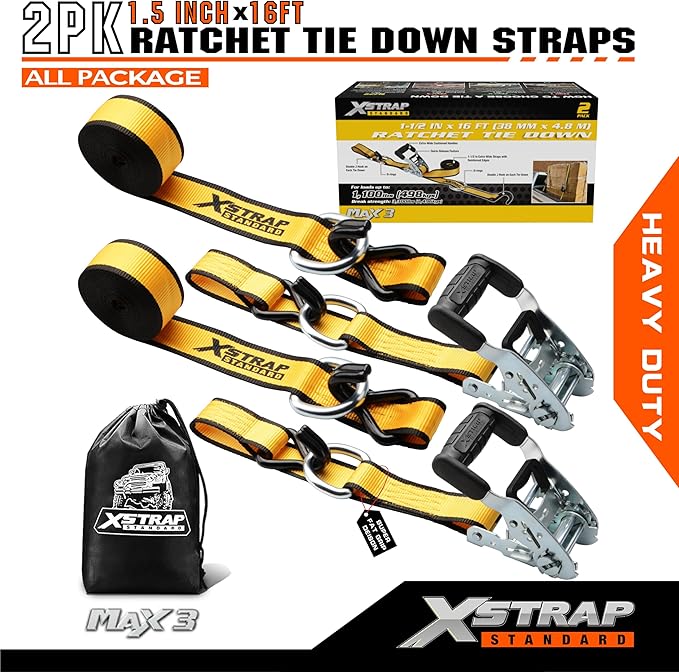 XSTRAP STANDARD 2 Pack 1.5" x 16' Ratchet Tie Down Straps - 1100Lbs Working Load, 3300Lb Break Strength, Heavy Duty Double J-Hook for Truck, Trailers & Cargo, Yellow
